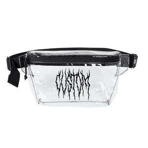 May include: A clear plastic bum bag featuring a black zip closure and an adjustable black strap. The front of the bag displays the word CUSTOM printed in a stylised, jagged black font that resembles dripping ink or sharp, pointed lines.