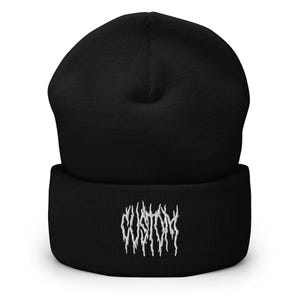 May include: Black beanie with a white embroidered "CUSTOM" in a gothic font.
