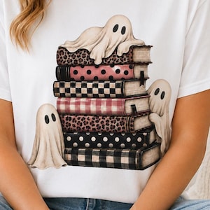 Retro Ghosts on Books T-Shirt, School Librarian Book Shirt, Halloween Reading Tee, Coquette Spooky Reader, Gift for Book Lover