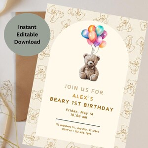 Convite de 1º aniversário Beary Modelo de convite de primeiro aniversário Bear Editável Teddy Bear Aniversário Qualquer idade Convite Neutro Cartão Infantil Imprimível