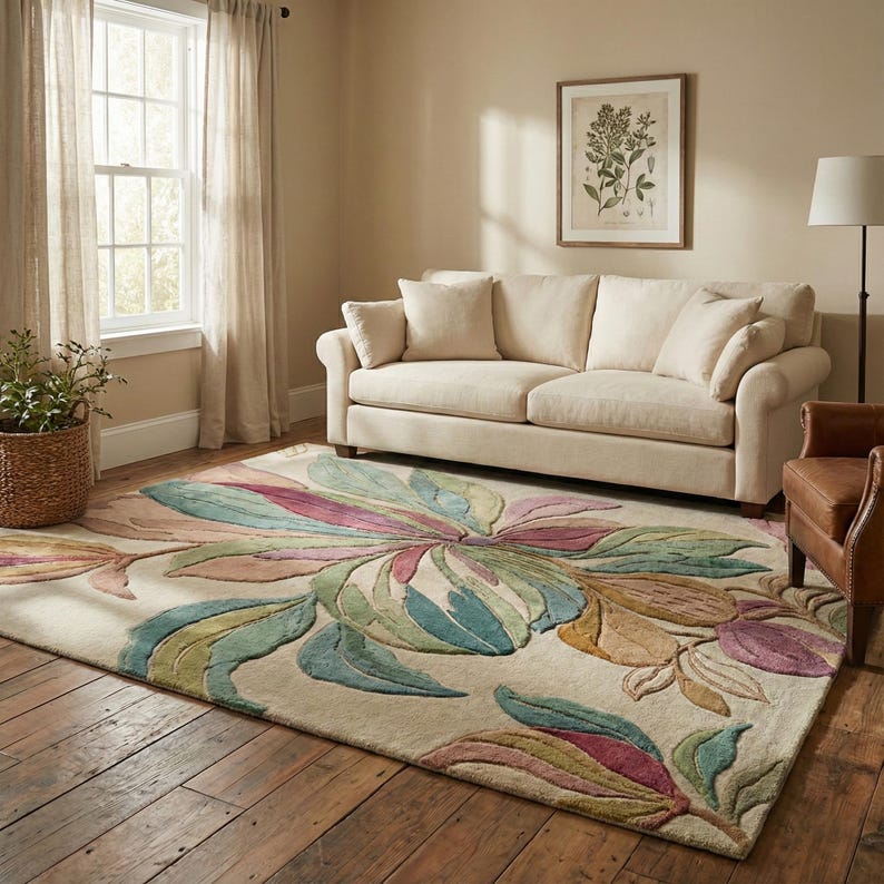 May include: A beige area rug with a large floral design in shades of green, pink, and gold. The rug is placed in a living room with a beige sofa, a brown leather chair, and a framed botanical print on the wall.