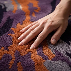 May include: A tufted rug featuring an abstract pattern with deep purple, burnt orange, and grey textured yarn loops. The surface displays a dense, high-pile construction with organic, flowing shapes that create a tactile and layered appearance.