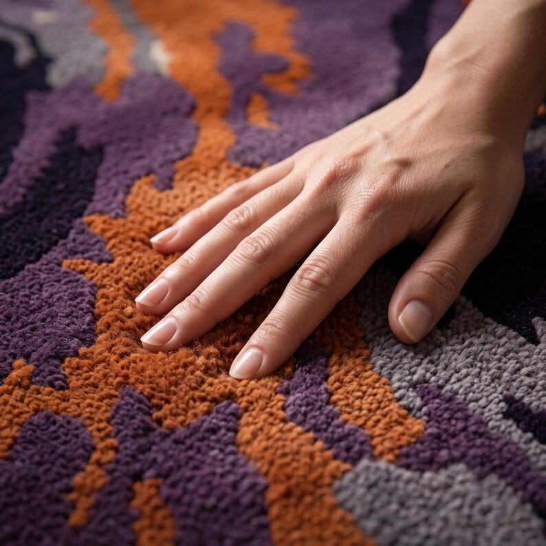 May include: A tufted rug featuring an abstract pattern with deep purple, burnt orange, and grey textured yarn loops. The surface displays a dense, high-pile construction with organic, flowing shapes that create a tactile and layered appearance.