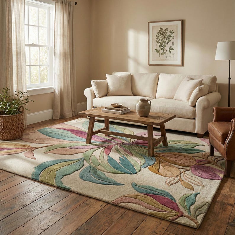 May include: A beige area rug with a large floral design in shades of green, pink, and yellow. The rug is placed in a living room with a cream-colored sofa, wooden coffee table, and a framed botanical print on the wall.