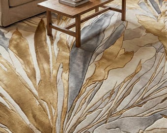 Hand Tufted Abstract Rug, Botanical Area Rug, Leaf Design in Beige, Gold & Grey, Luxury Wool Living Room Rug, Premium wool Carpet
