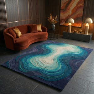 Hand Tufted Blue Abstract Rug, Modern Contour Area Rug, Luxury Wool Carpet, Artistic Wave Rug, Contemporary Statement Rug, Custom Size Rug image 4
