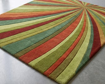 Retro Sunburst Hand Tufted Rug, Mid Century Modern Area Rug, Abstract Geometric Wool Carpet, Colorful Contemporary Statement Rug