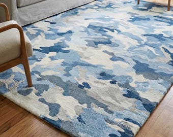 Modern Abstract Blue Area Rug, Cloud Pattern Rug, Contemporary Hand Tufted Carpet, Minimalist Designer Living Room Rug