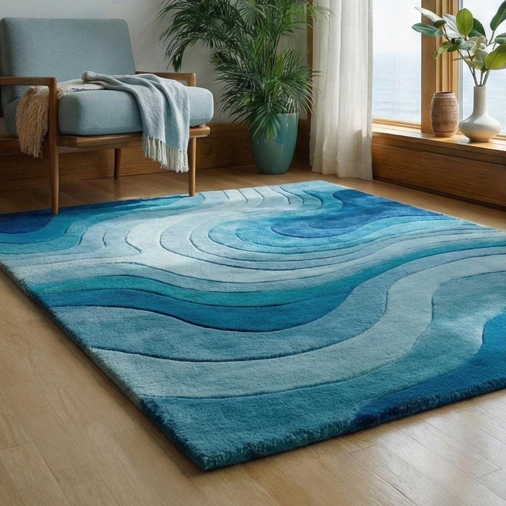 Hand-tufted Wool Area Rug for Living Room, Abstract Blue Wave Design ...