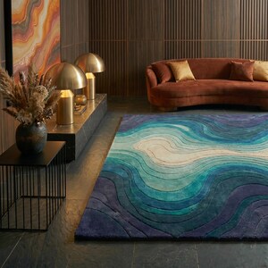 Hand Tufted Blue Abstract Rug, Modern Contour Area Rug, Luxury Wool Carpet, Artistic Wave Rug, Contemporary Statement Rug, Custom Size Rug image 6