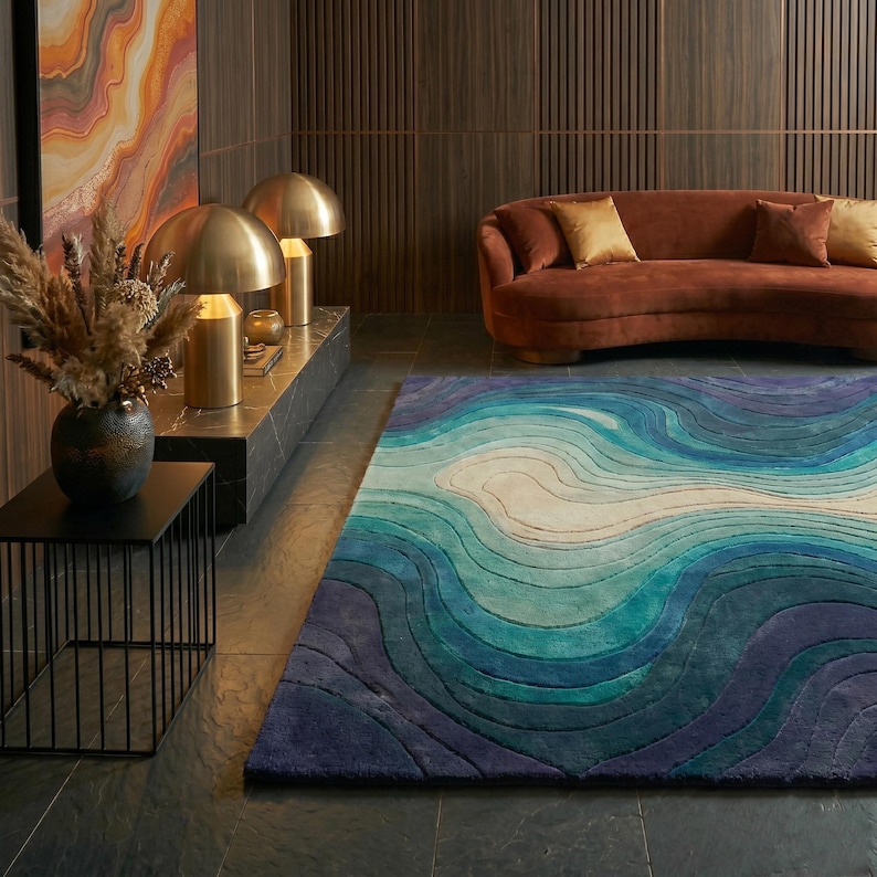 Hand Tufted Blue Abstract Rug, Modern Contour Area Rug, Luxury Wool Carpet, Artistic Wave Rug, Contemporary Statement Rug, Custom Size Rug image 6