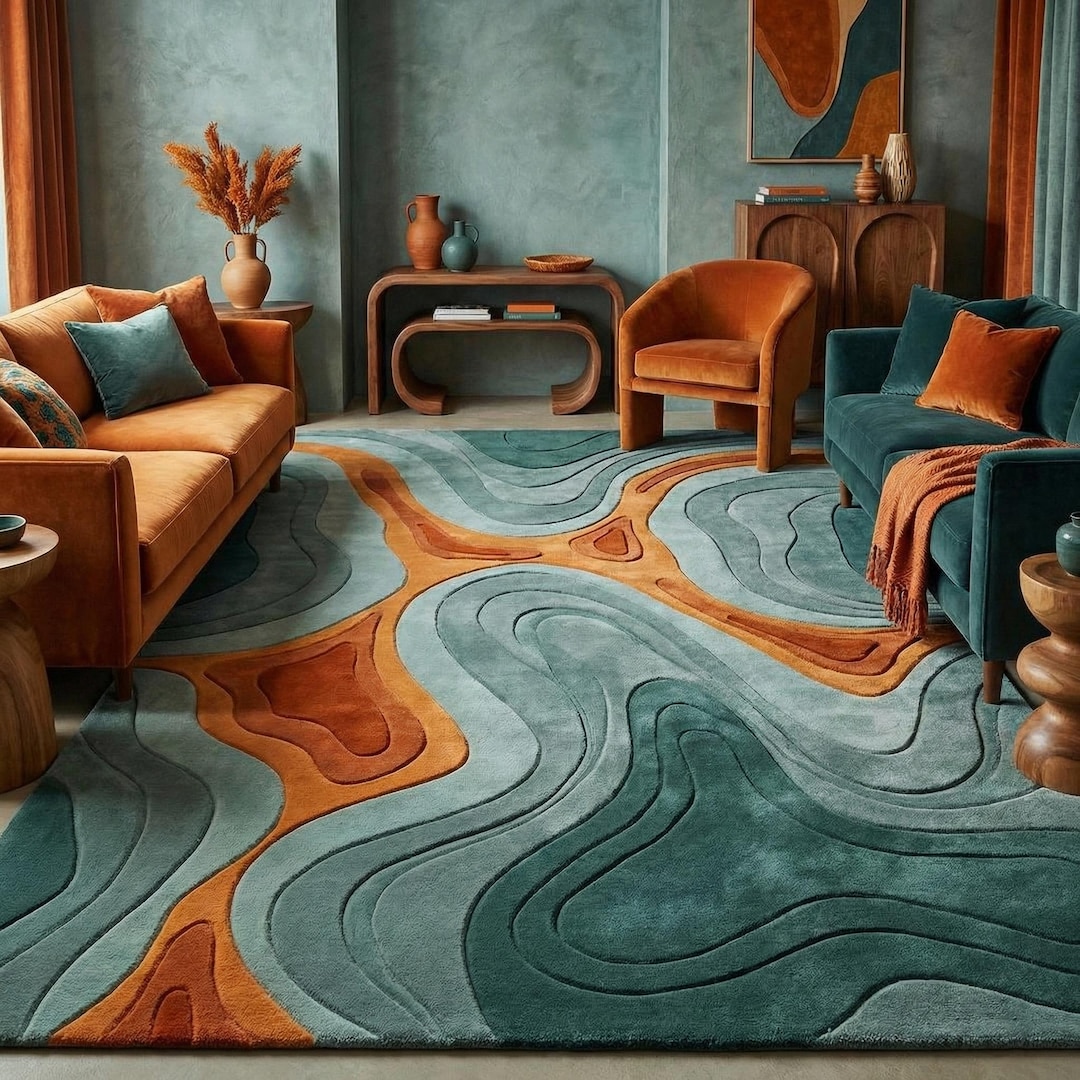 Hand-tufted Wool Rug, Abstract Fluid Art Area Rug – Teal & Rust Orange ...