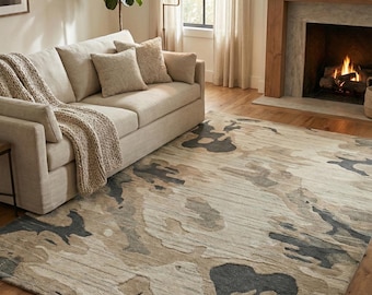 Handmade Abstract Area Rug, Beige Modern Wool Carpet, Rugs for Living Room Rug, Custom Size Available, Premium wool rug