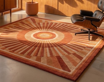 Hand-Tufted Wool Sunburst Rug – Terracotta Orange Geometric Mid Century Modern Carpet