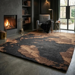 Hand Tufted World Map Rug, Luxury Black & Brown Area Rug, Modern Abstract Map Carpet, Wool Living Room Rug, Custom Size Statement Rug
