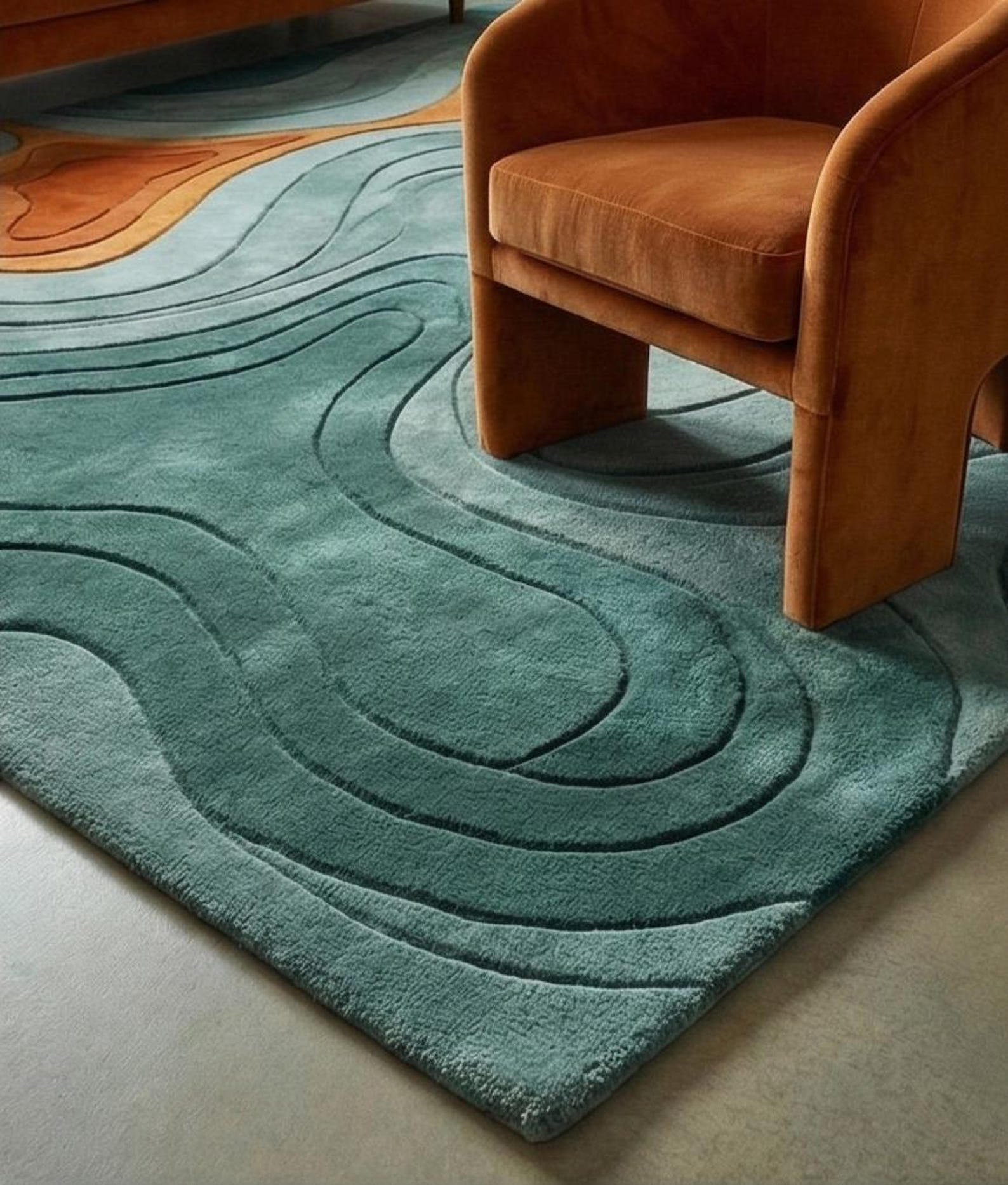 Hand-tufted Wool Rug, Abstract Fluid Art Area Rug – Teal & Rust Orange ...