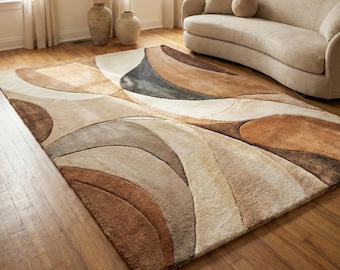 Handmade Wool Area Rug, Abstract Beige Brown Curved Design