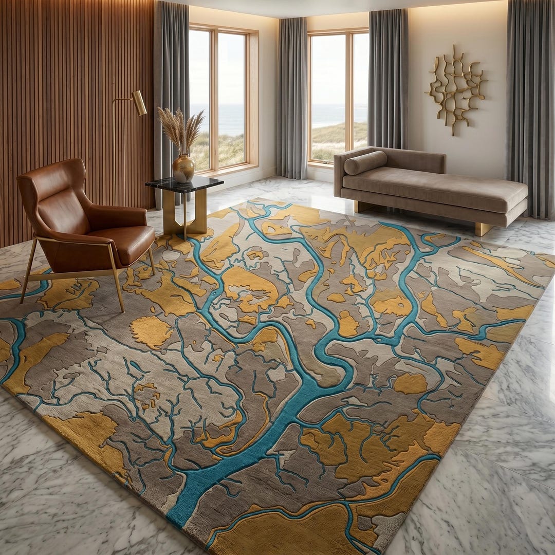 Topography Rug Pattern Hand Tufted Abstract River Map Rug, Modern Topographic Area Rug, Luxury ...