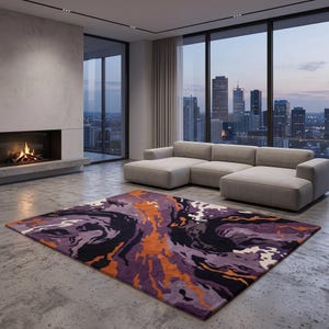 May include: A rectangular area rug featuring a swirling abstract pattern in shades of deep purple, bright orange, black, and off-white. The rug has a textured surface with distinct color blocks that create a fluid, marbled visual effect across the floor.