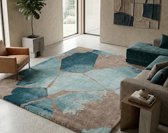 Tapis abstrait moderne bleu aqua, tapis contemporain fait main, tapis artistique géométrique, tapis de créateur doux et neutre