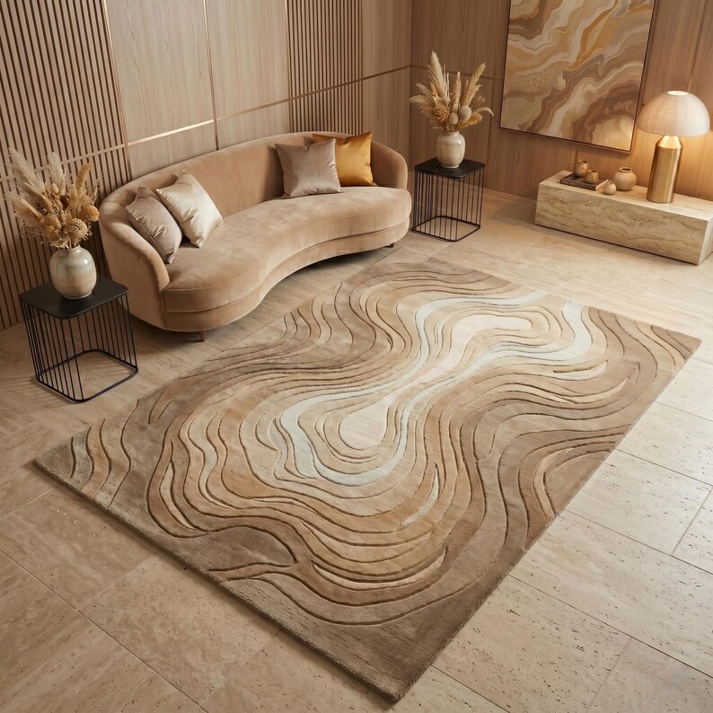 Hand Tufted Blue Abstract Rug, Modern Contour Area Rug, Luxury Wool Carpet, Artistic Wave Rug, Contemporary Statement Rug, Custom Size Rug Desert Sand