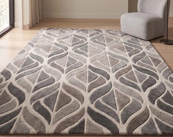 Modern Geometric Area Rug, Neutral Abstract Carpet, Contemporary Grey Hand Tufted Rug, Scandinavian Living Room Floor Rug