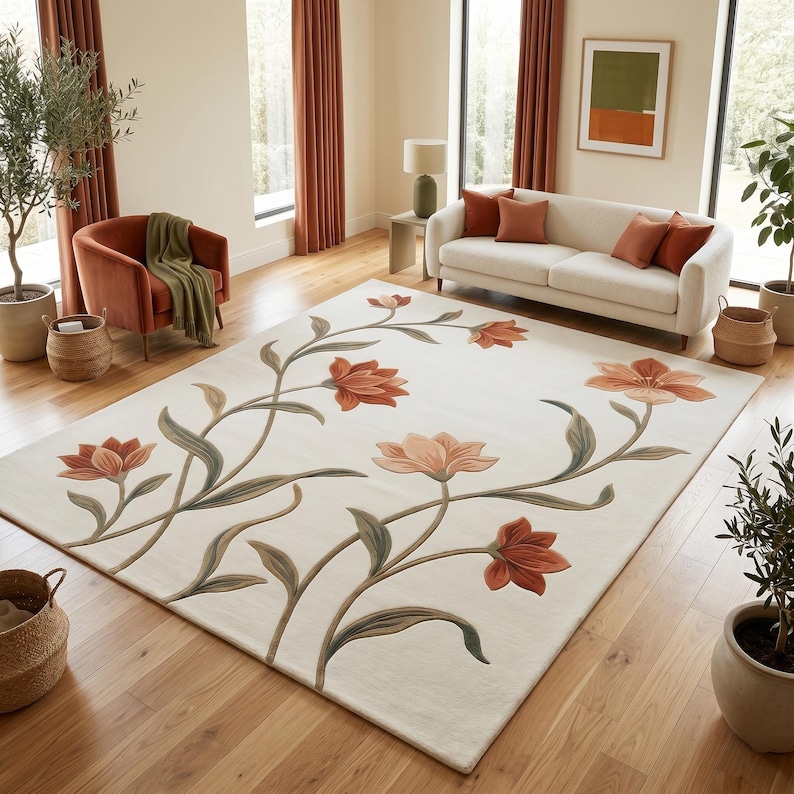May include: A rectangular area rug featuring a cream-colored background with a large-scale floral pattern. The design includes stylized orange and peach-toned flowers with long, flowing green stems and leaves that extend across the surface.