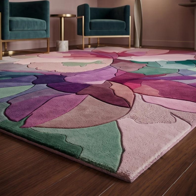 Peut inclure: Un grand tapis pr&eacute;sentant un motif floral abstrait et audacieux avec des sections sculpt&eacute;es en couches dans des tons de violet profond, magenta, rose tendre et vert sauge. Le tapis poss&egrave;de une surface touffet&eacute;e aux contours courbes.