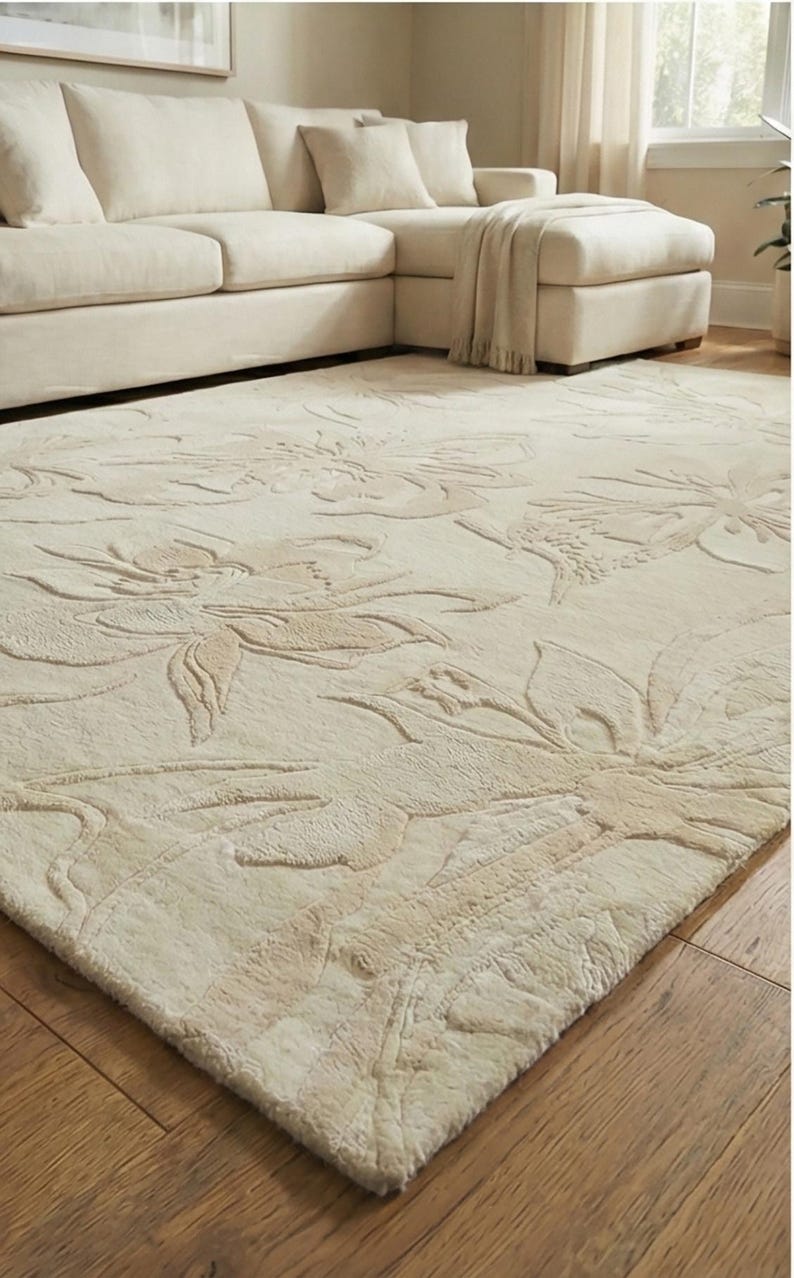Cream Color Area Rug Hand Tufted Ivory Wool Area Rug, Neutral Floral Embossed Rug - Etsy