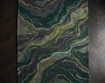 Hand Tufted Abstract Green Rug, Modern Organic Wave Area Rug, Luxury Wool Carpet, Contemporary Artistic Rug, Custom Designer Rug