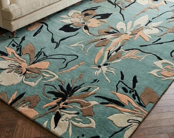 Teal Floral Wollteppich, handgetufteter botanischer Blumenteppich Größe 8x10 Fuß, 6x9 Fuß 9x12 Fuß