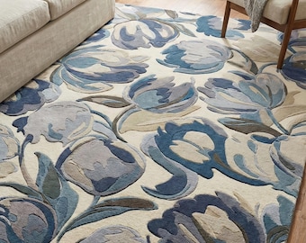 Alfombra floral hecha a mano, de lana color marfil y azul, con diseño botánico para sala de estar. Tamaño personalizado disponible. Alfombra de lana premium.