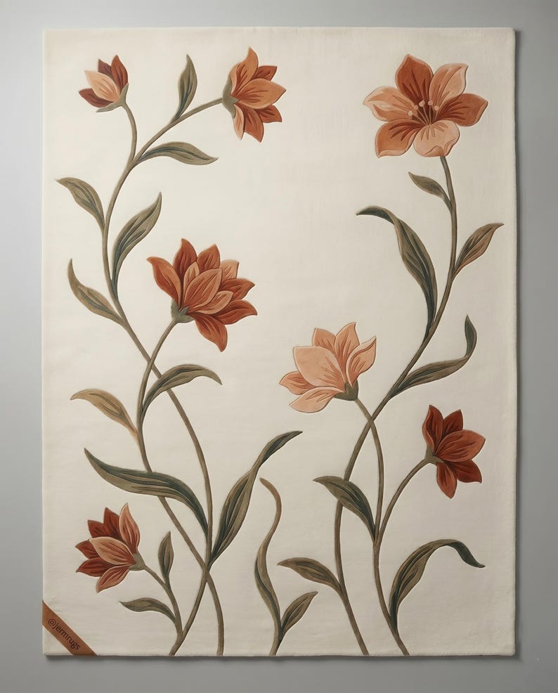 May include: A rectangular area rug with an off-white background featuring a floral pattern of terracotta and peach-colored flowers with sage green stems and leaves. The text @jemrugs is printed on a small brown tag in the bottom left corner.