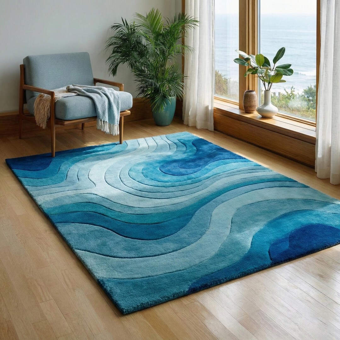 Hand-tufted Wool Area Rug for Living Room, Abstract Blue Wave Design ...