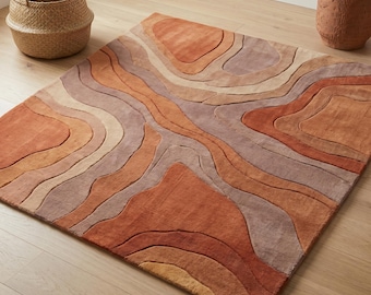 Hand-Tufted 3D Embossed Topographic Area Rug | Terracotta & Peach Abstract Wave Carpet | Earthy Boho Desert Decor | Custom Modern Rug