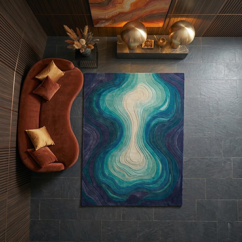 Hand Tufted Blue Abstract Rug, Modern Contour Area Rug, Luxury Wool Carpet, Artistic Wave Rug, Contemporary Statement Rug, Custom Size Rug image 5
