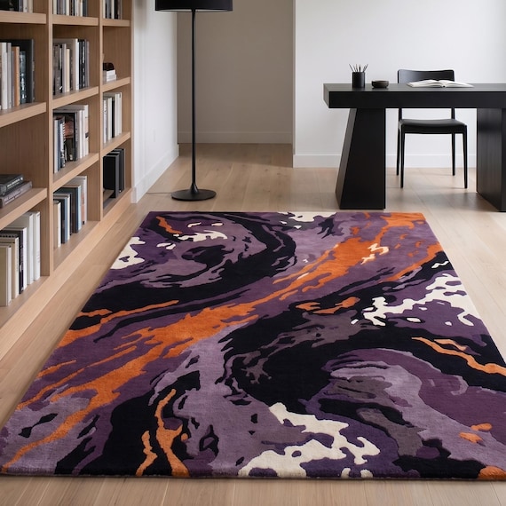Hand Tufted Purple Abstract Wool Rug, Modern Black Orange Area Rug, Contemporary Artistic Carpet, Luxury Handmade Wool Rug
