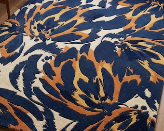 Abstract Floral Area Rug, Navy Blue & Gold Designer Rug, Modern Artistic Statement Carpet for Living Room