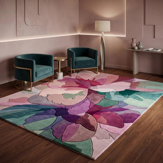 Hand Tufted Floral Area Rug, Modern Abstract Flower Rug, Pink Botanical Wool Carpet, Contemporary Living Room Rug, Handmade Wool Rug