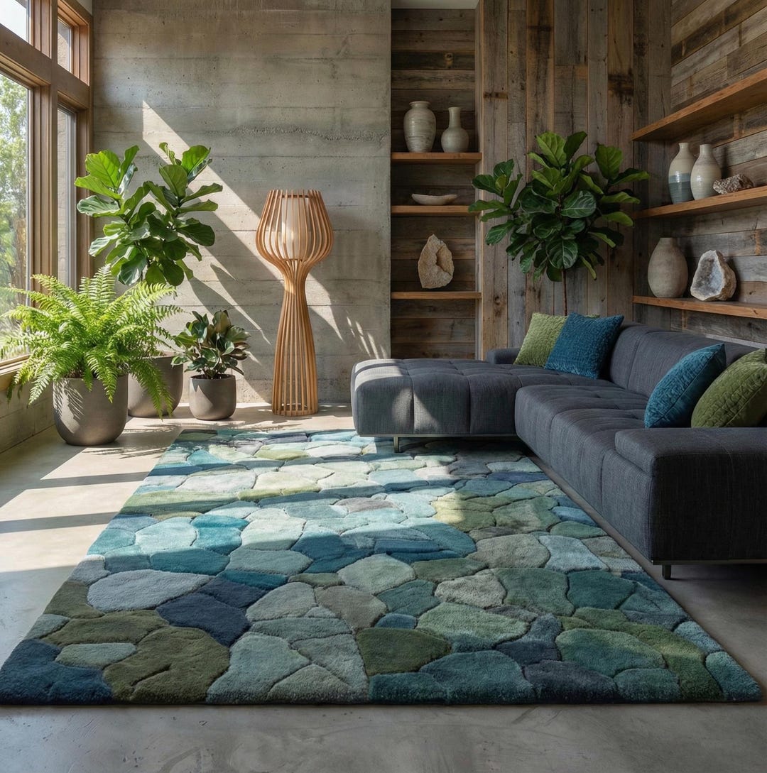 Hand Tufted Wool Area Rug, Blue and Sage Green Stone Pattern Rug ...