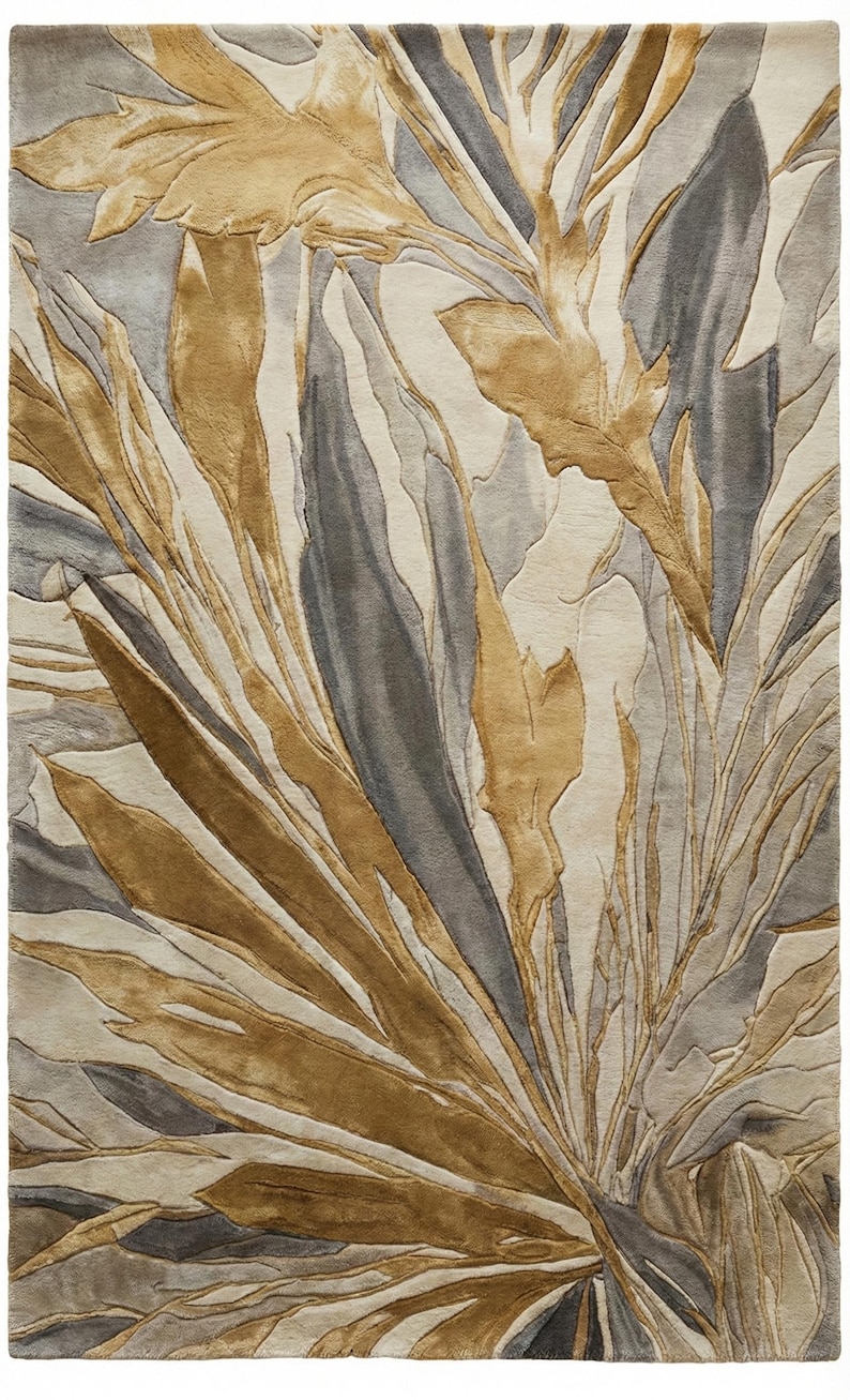 Hand Tufted Abstract Rug, Botanical Area Rug, Leaf Design in Beige ...