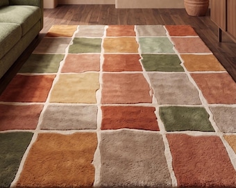 Modern Geometric Area Rug, Earth Tone Abstract Carpet, Soft Contemporary Living Room Rug, Hand Tufted Color Block Floor Rug