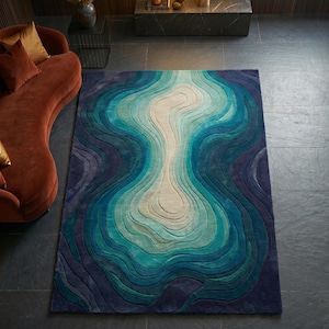 Hand Tufted Blue Abstract Rug, Modern Contour Area Rug, Luxury Wool Carpet, Artistic Wave Rug, Contemporary Statement Rug, Custom Size Rug image 3