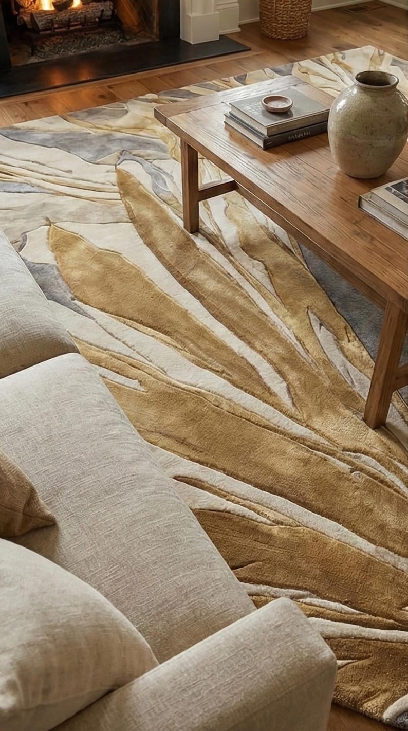 Hand Tufted Abstract Rug, Botanical Area Rug, Leaf Design in Beige ...