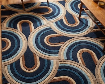 Navy Blue Modern Geometric Loop Rug – Mid-Century Abstract Area Rug, Hand-Tufted Contemporary Carpet for Living Room & Bedroom