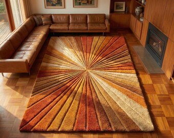 Tapete Sunburst tufado à mão, tapete retrô moderno, tapete geométrico de lã, tapete moderno de meados do século, tapete abstrato de luxo.