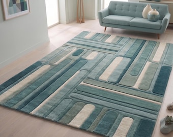 Modern geometrisch handgetuft tapijt, abstract blauwgroen vloerkleed, eigentijds wollen tapijt, minimalistisch luxe woonkamertapijt, vloerkleed aangepast formaat