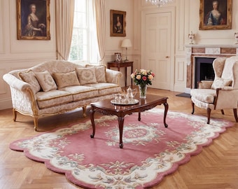 Hand-Tufted Wool Aubusson Rug – Royal Scalloped Rose Floral Carpet