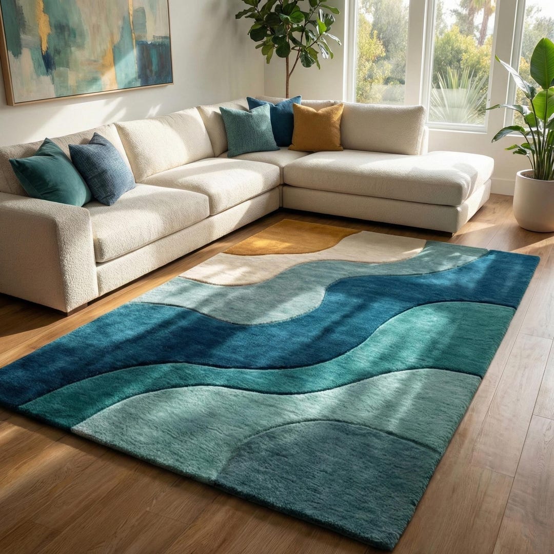 Teal Blue Abstract Wool Rug – Hand Tufted Wave Living Room Carpet - Etsy