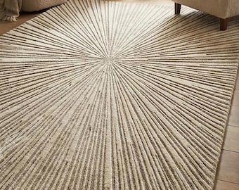 Neutral Sunburst Area Rug, Minimalist Textured Beige Rug, Handmade Modern Living Room Carpet, Premium wool rug